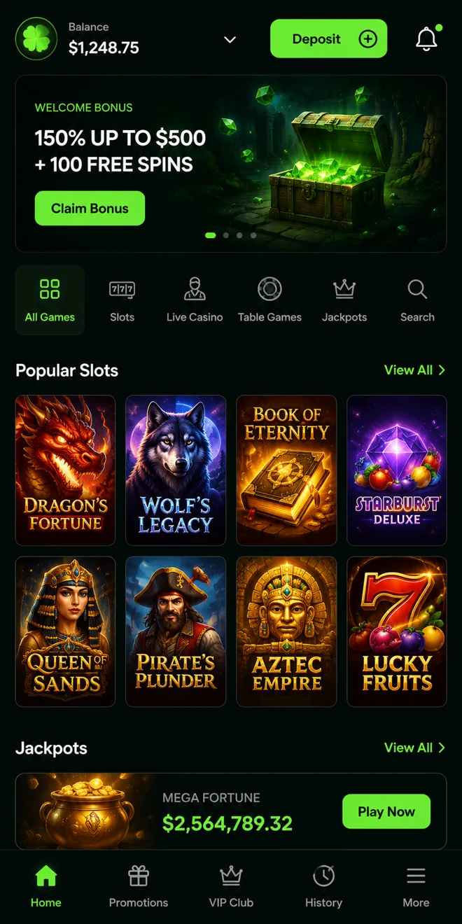 Neospin mobile casino lobby on a phone, showing the game grid and cashier